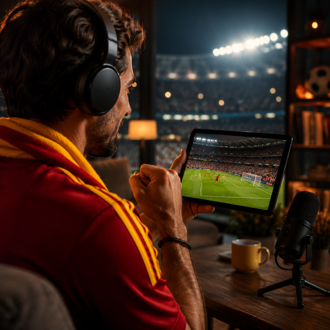 Aficionado viendo highlights oficiales de futbol y escuchando un podcast en casa